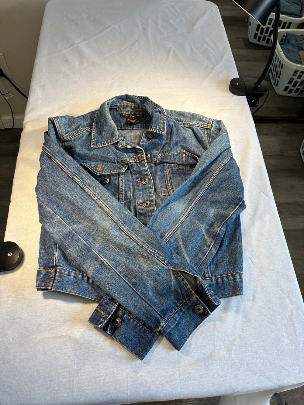 Vintage Style French Connection Jeans Y2K Blue Denim Trucker Jacket 90s Size L
